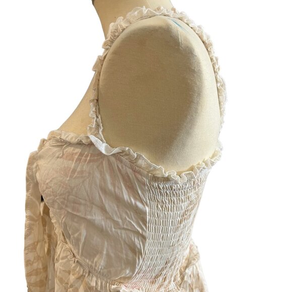 Ocean Drive Mini Dress S Leaf Print Tie Front Tan Cream Pink Tiered Size Small - Picture 7 of 9